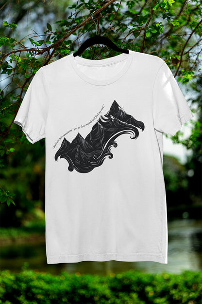 Unisex t-shirt with sketched mountain design and John Muir quote “Into the Mountains I go...”- White