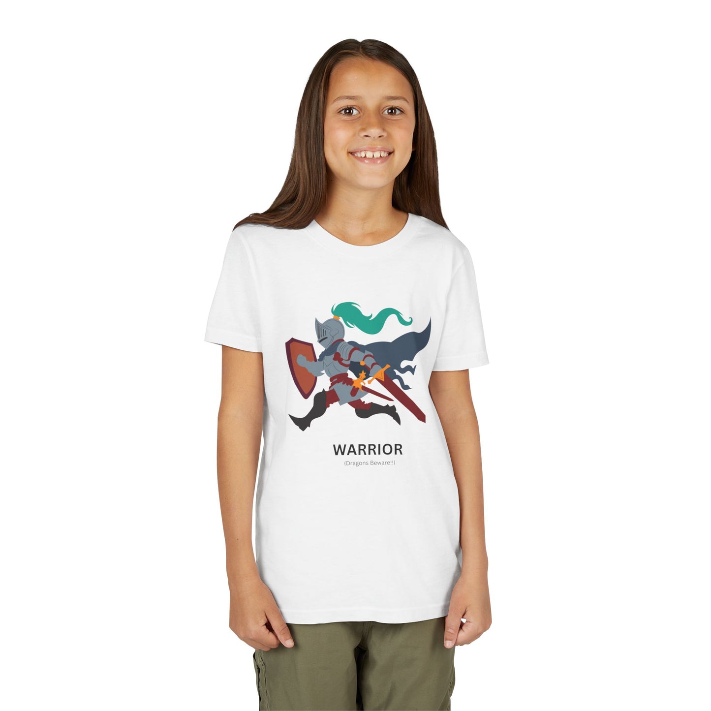 Warrior (Dragons Beware) graphic White tee - on model