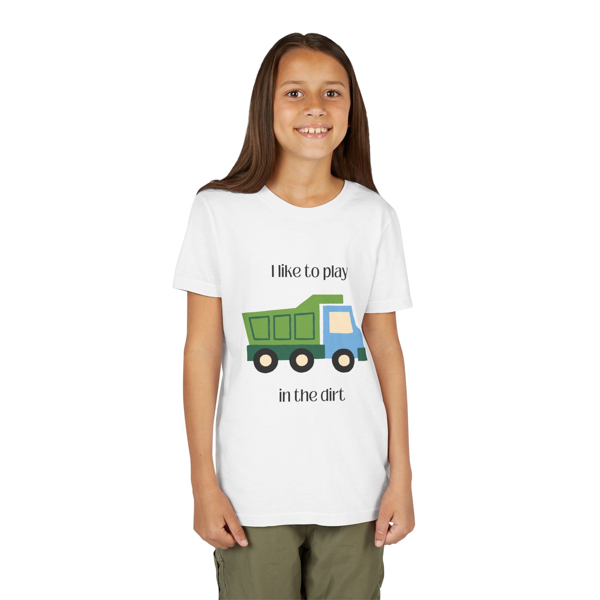 White I like to play in the dirt t-shirt -longer -on model