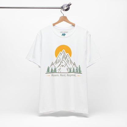 White Roam Rest Repeat minimalist unisex tee on hanger