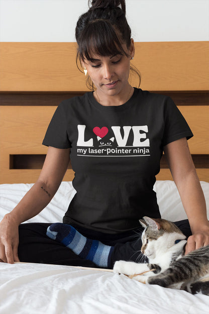 Woman petting her cat wearing a LOVE My Laser-Pointer Ninja Black colored shirt 