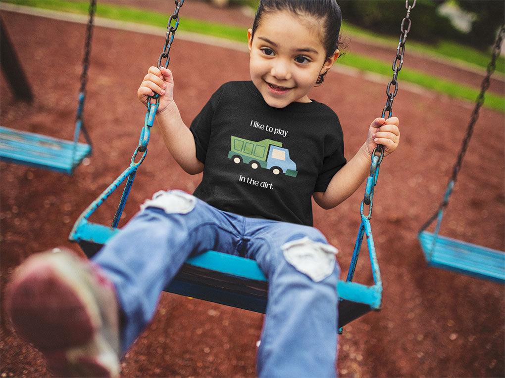 girl on swing wearing I Like to  play in dirt truck- toddler tee - Black