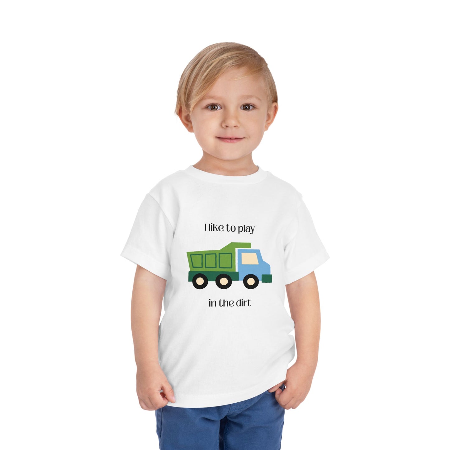 model  wearing I Like to  play in dirt truck- toddler tee -White