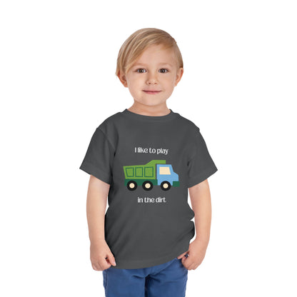 model wearing I Like to  play in dirt truck- toddler tee - Asphalt 