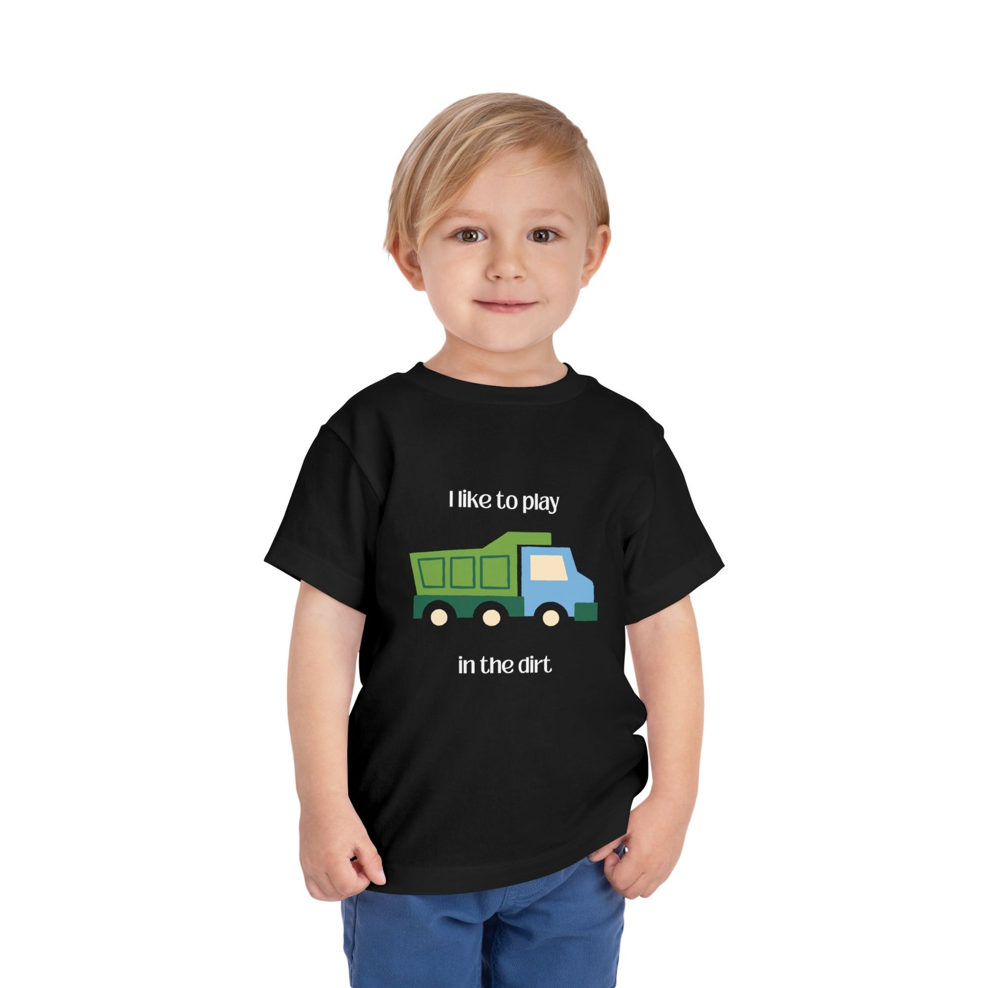 model wearing I Like to  play in dirt truck- toddler tee - Black