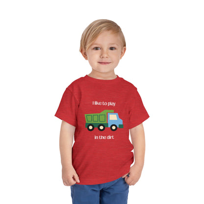 model wearing I Like to  play in dirt truck- toddler tee - Heather Red