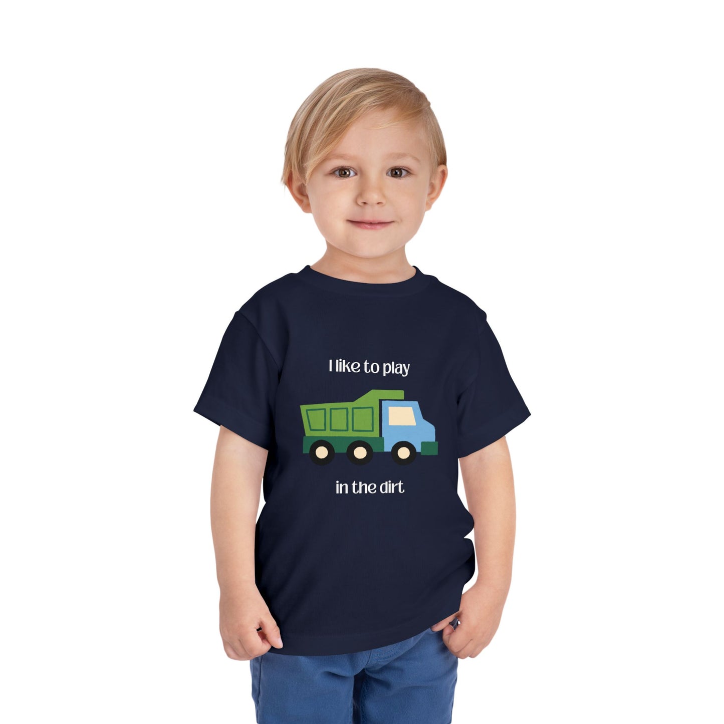 model wearing I Like to  play in dirt truck- toddler tee - Navy