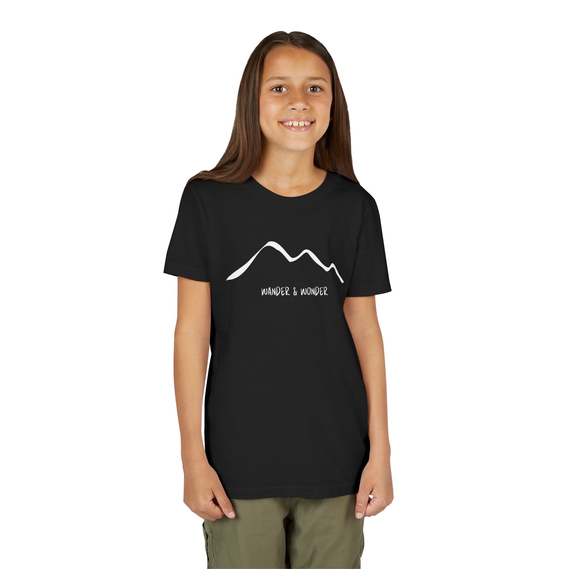 “Wander and Wonder” youth minimalist black shirt outdoor style- Modeled front view