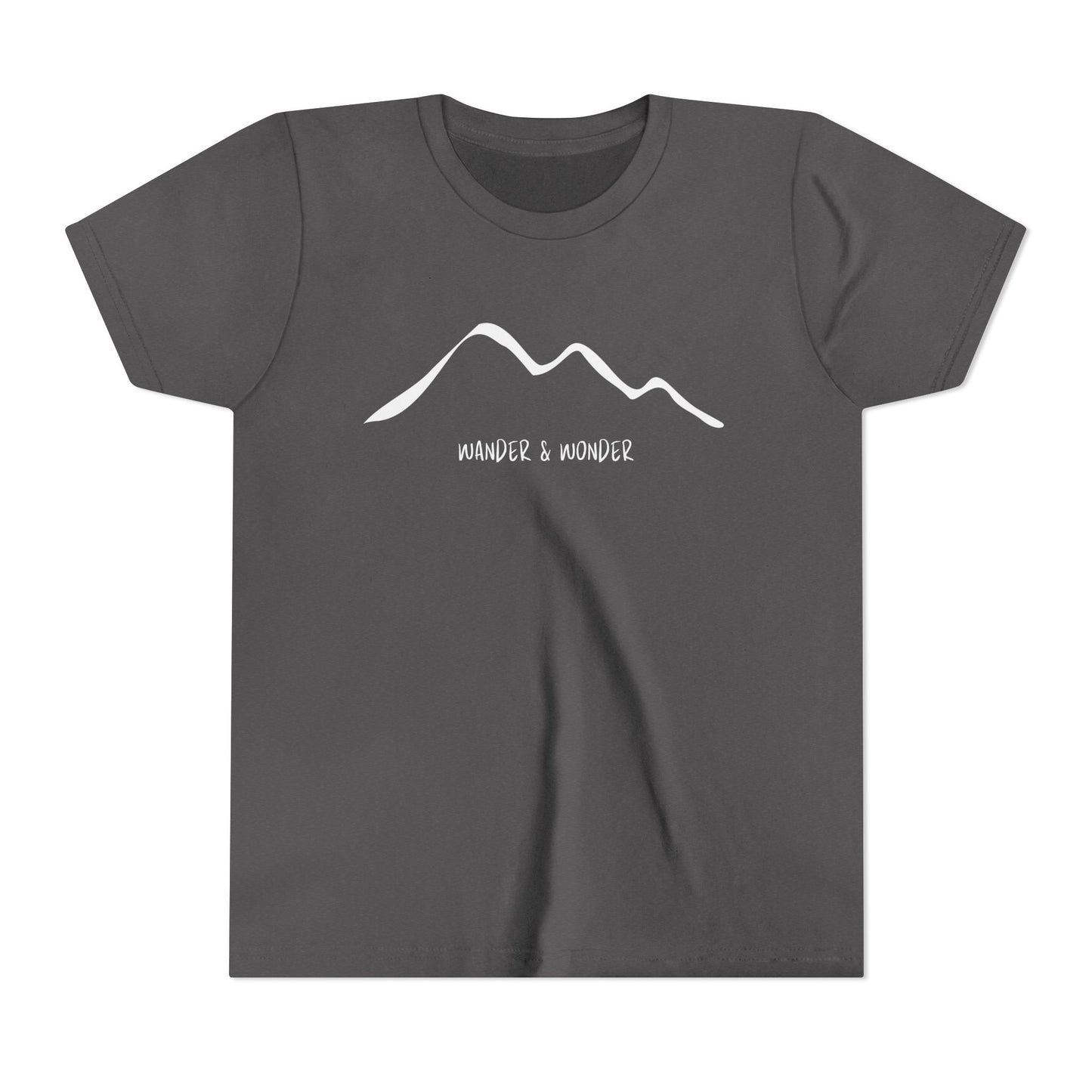 “Wander and Wonder” youth minimalist dark heather grey shirt outdoor style