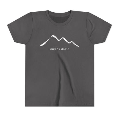 “Wander and Wonder” youth minimalist dark heather grey shirt outdoor style